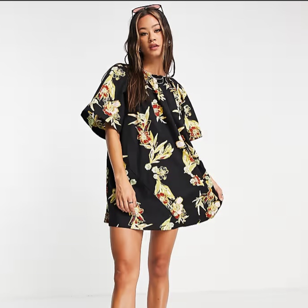 Free People Jodie Floral Mini Tunic Dress Black Night Combo Cotton XS